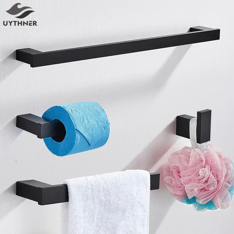 GobekUsa Black Bathroom Hardware Set: Robe Hook, Towel Rail, Rack, Shelf, Tissue Holder & More