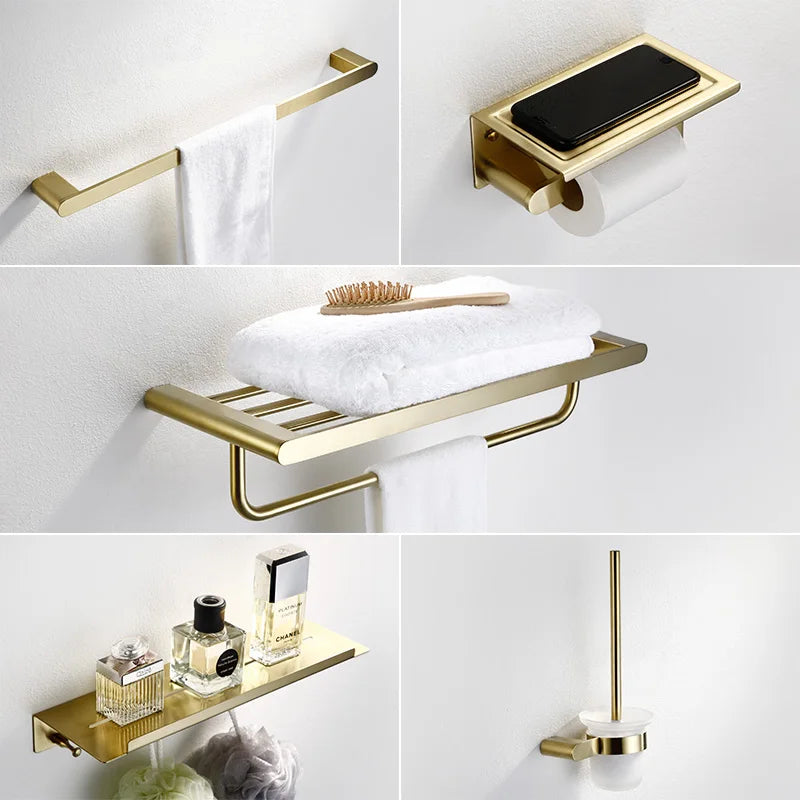 GobekUsa Brushed Gold Bathroom Hardware Set: Towel Rack, Paper Holder, Toilet Brush Holder, Hooks