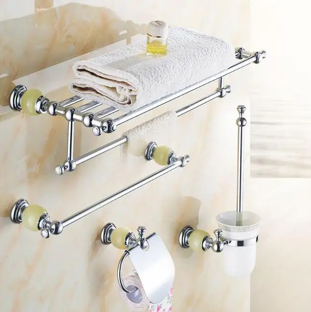 GobekUsa Brass & Jade Bathroom Set: Holder, Bar, Basket, Rack, Ring - Hardware Collection