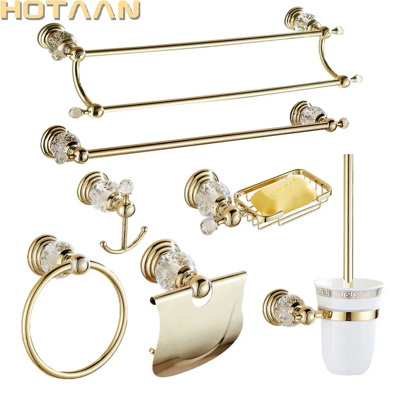 GobekUsa Gold Crystal Bathroom Accessories Set: Luxe Brass Bath Hardware Wall Mount Collection