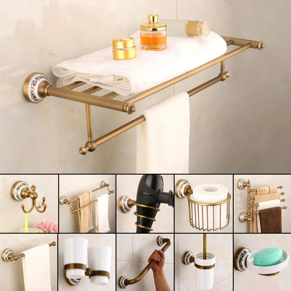 GobekUsa Bronze Bathroom Hardware Set - Shelf, Towel Rack, Toilet Brush Holder, Soap Dish