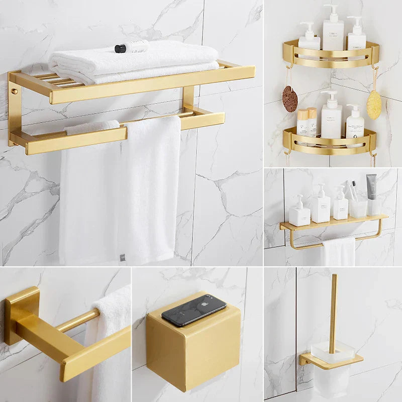GobekUsa Brushed Gold Bathroom Set: Shelf, Towel Rack, Holder, Toilet Brush - Bath Hardware