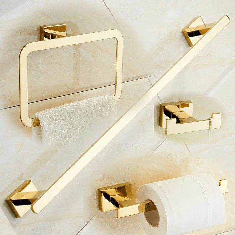 GobekUsa Gold Brass Bathroom Hardware 4-Piece Set: Towel Bar, Towel Ring, Toilet Paper Holder, Robe Hook