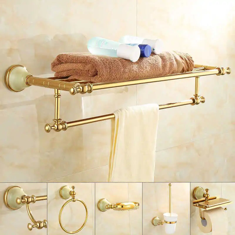 GobekUsa Gold Bathroom Accessories Set: Shelf, Towel Rack, Holder, Brush Holder, Bath Hardware