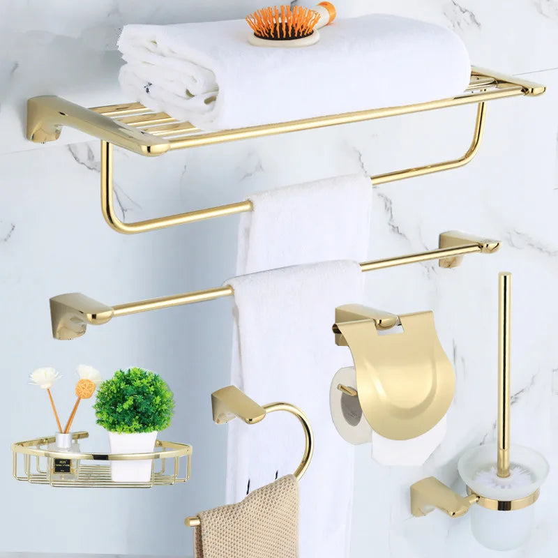 GobekUsa Gold Bathroom Hardware Set: Towel Rack, Shelf, Paper Holder, Towel Holder, Toilet Brush Holder