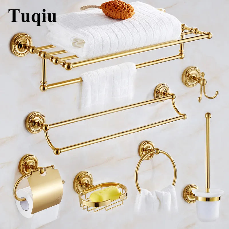 GobekUsa Brass Gold Bathroom Hardware Set: Towel Rack, Paper Holder, Toilet Brush, Hooks, Towel Ring