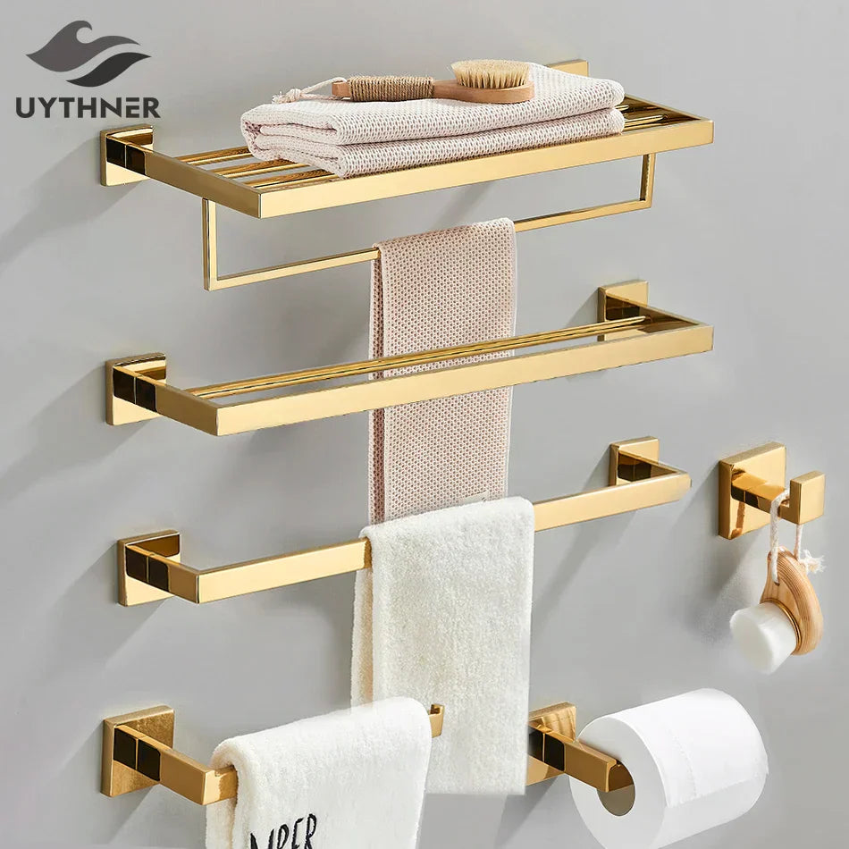 GobekUsa Gold Bathroom Hardware Set: Hook, Towel Rail, Bar, Shelf, Tissue Holder & More