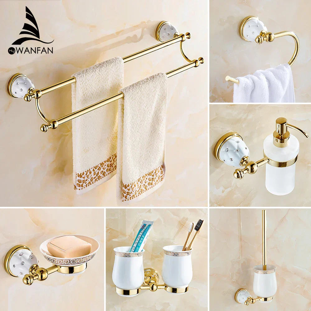 GobekUsa Golden Bath Hardware Set: TP Holder, Towel Rack, Tissue Holder, Cup Holder, Robe Hook