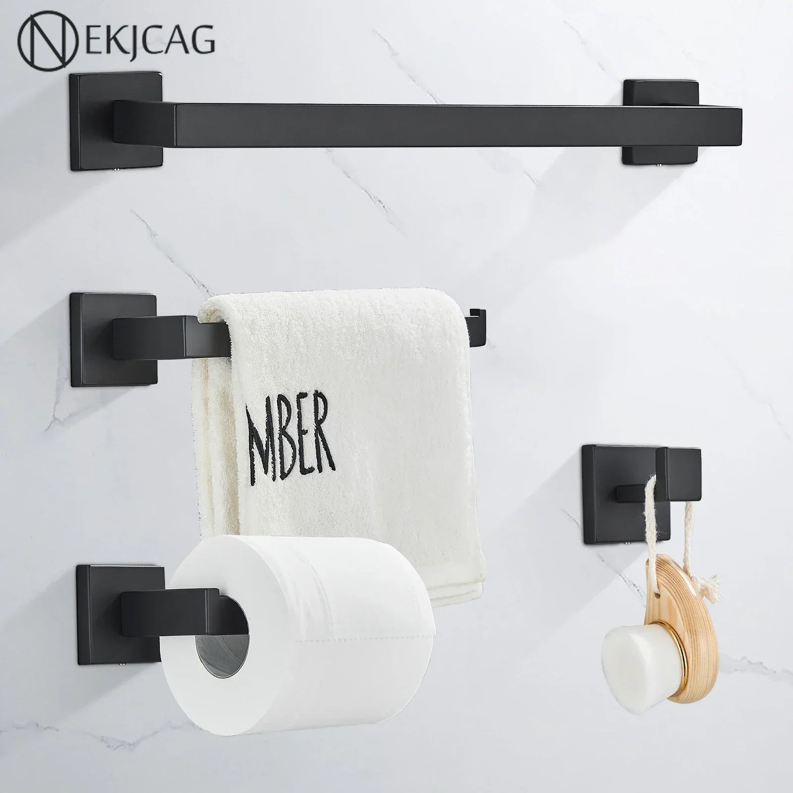 GobekUsa Black Bathroom Hardware Set: Robe Hook, Towel Rail, Shelf, Tissue Holder