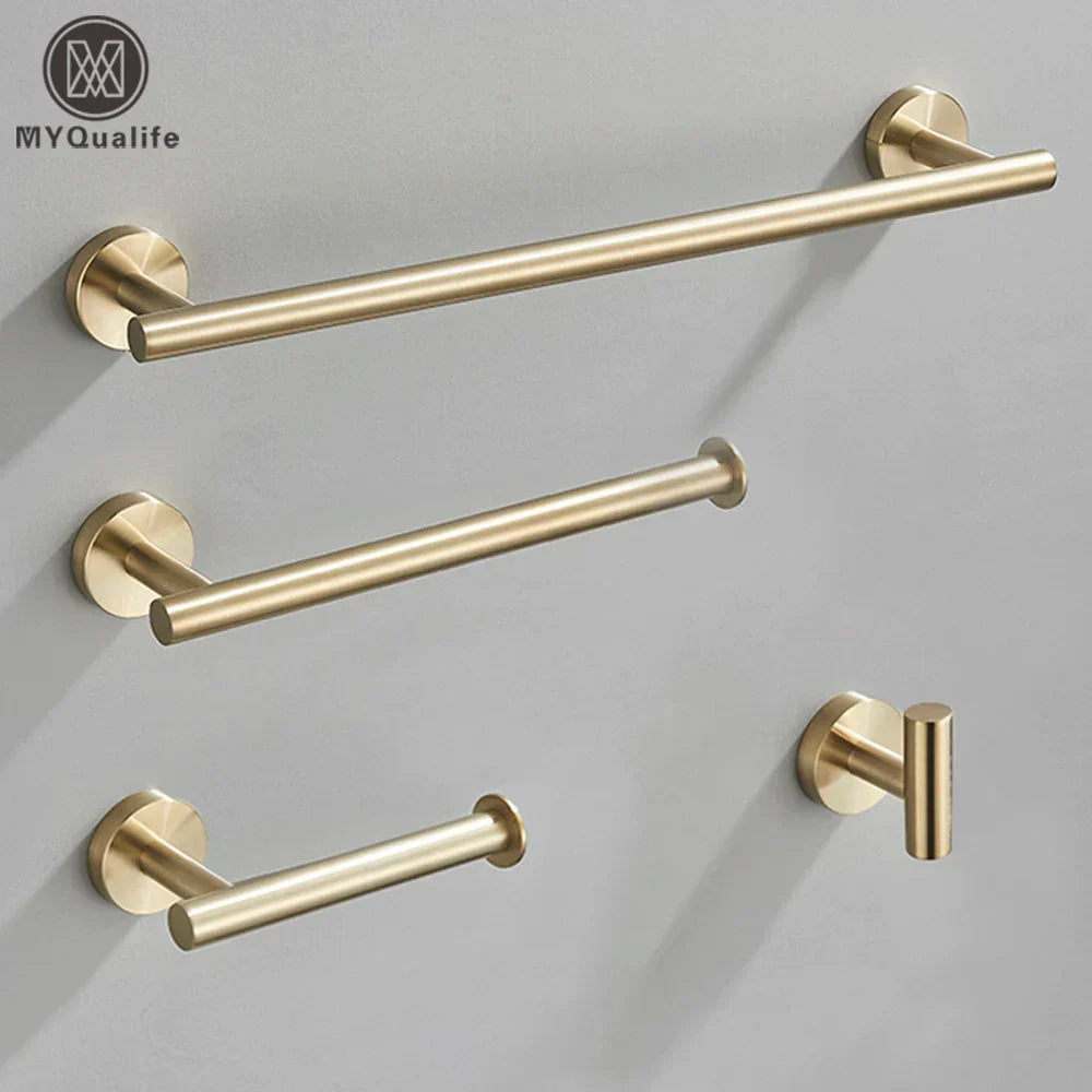 GobekUsa Brushed Gold Bathroom Hardware Set: Towel Bar, Paper Holder, Robe Hook