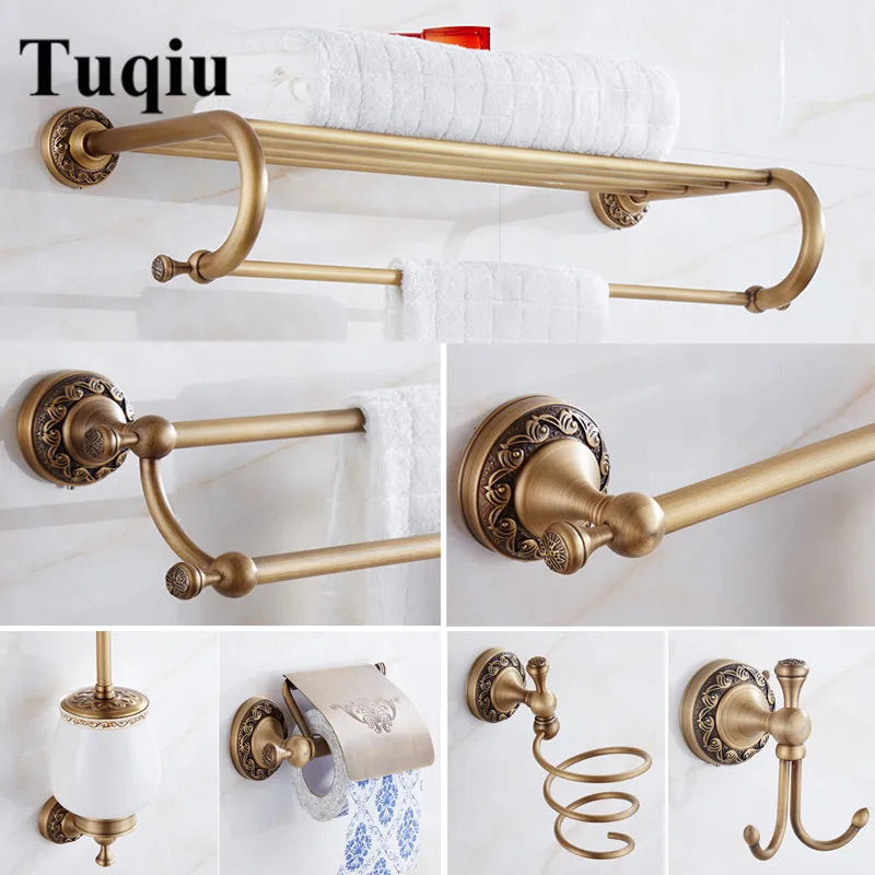 GobekUsa Brass Antique Bath Hardware Set: Towel Rack, Paper Holder, Towel Hanger, Toilet Brush Holder