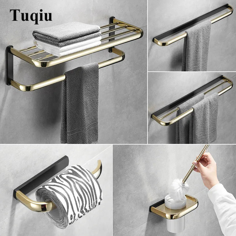 GobekUsa Gold & Black Bathroom Hardware Set: Shelf, Towel Rack, Paper Holder, Brush Holder