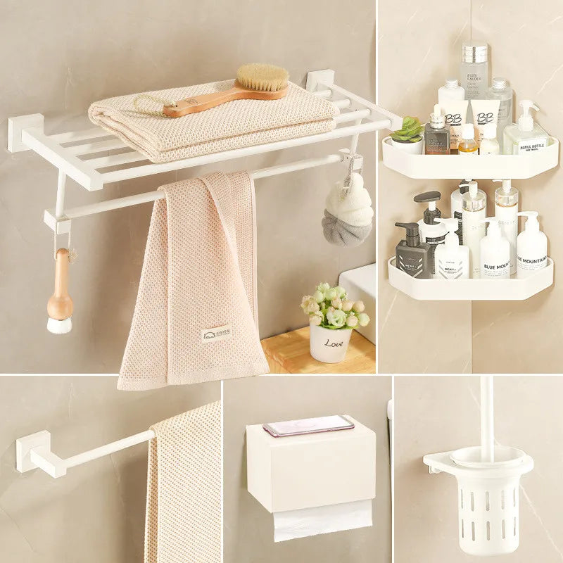 GobekUsa Bathroom Set: Cream White Shelf, Towel Rack, Paper Holder, Brush Holder & Hardware