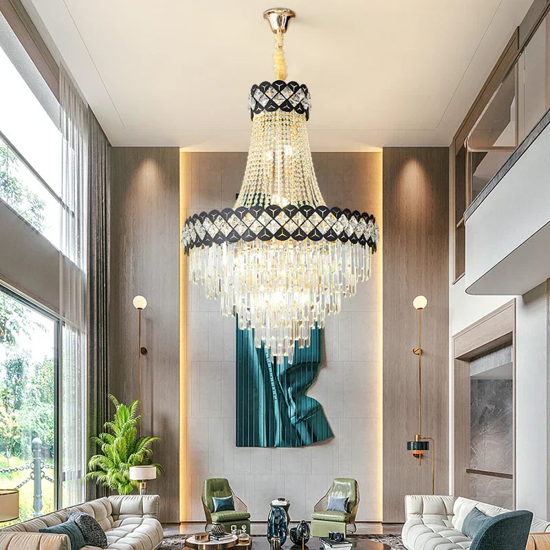 GobekUsa Crystal Chandelier Spiral Staircase Hall Lamp Duplex Living Room Hardware Texture