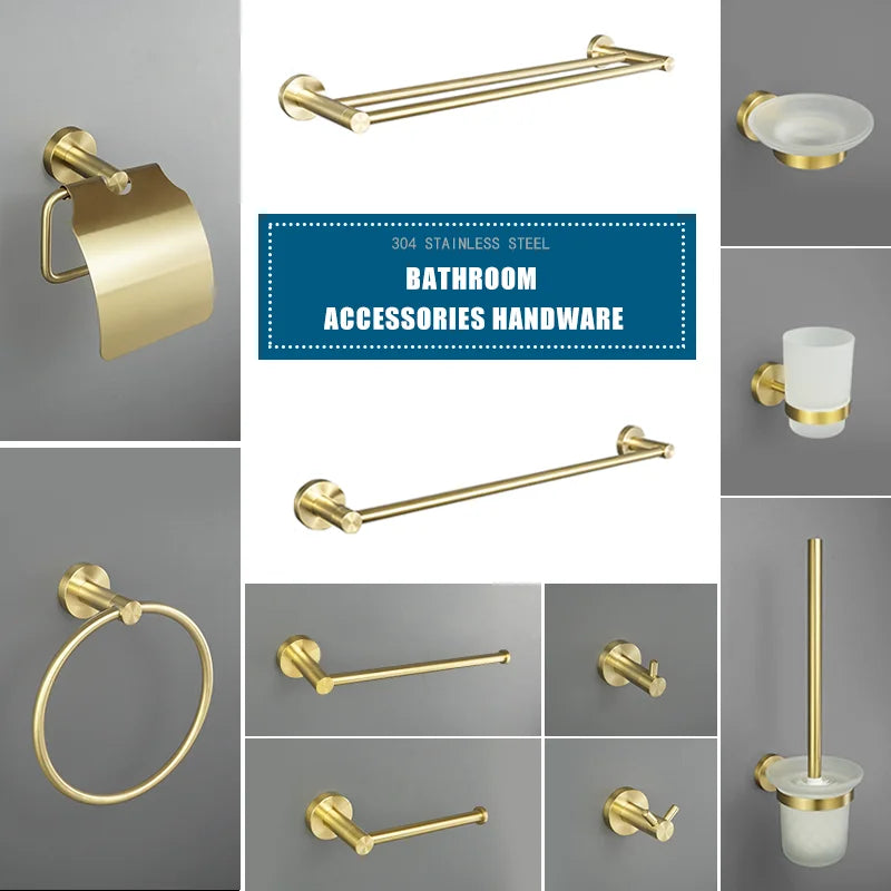 GobekUsa Brushed Gold Bath Hardware Set: Paper Holder, Towel Bar, Robe Hook - Wall Mount Bathroom Accessories