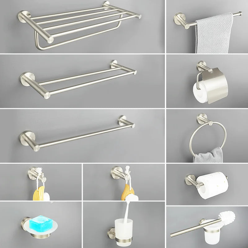 GobekUsa Brushed Nickel Stainless Steel Bathroom Hardware Set Towel Bar Ring Holder Robe Hook