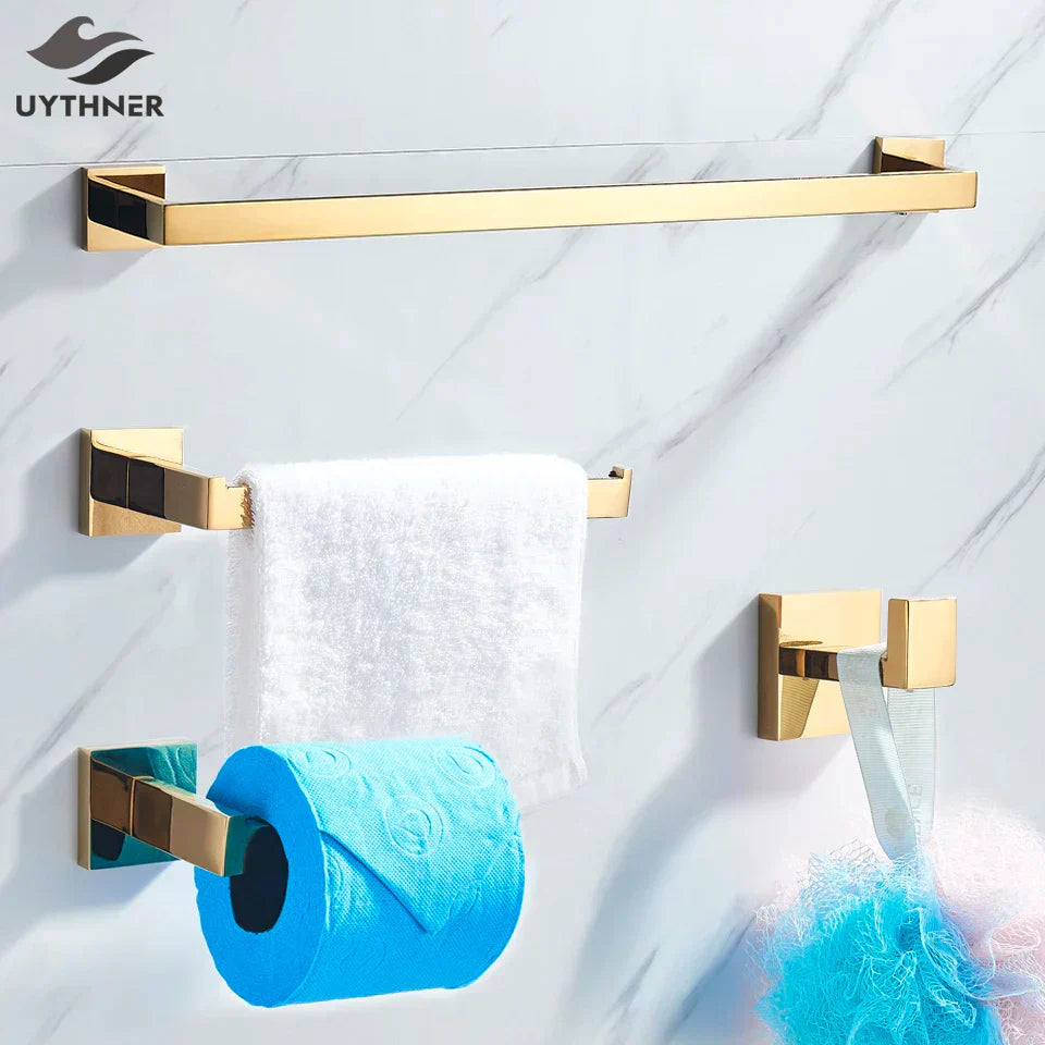 GobekUsa Gold Bathroom Hardware Set: Robe Hook, Towel Rail, Shelf, Tissue Holder