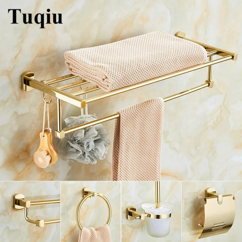 GobekUsa Gold Brass Bath Hardware Set: Towel Rack, Paper Holder, Toilet Brush Holder, Towel Ranger, Hooks