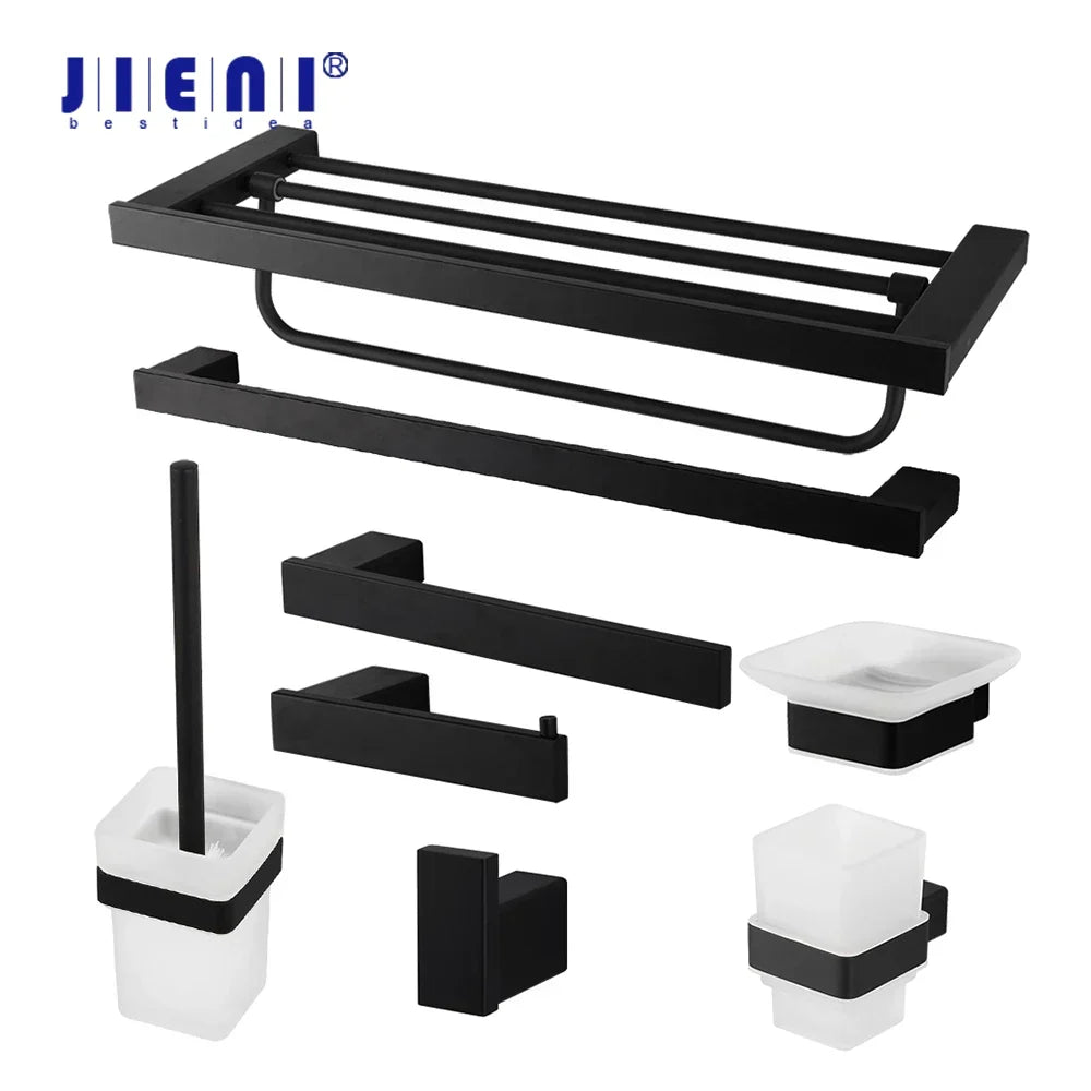 GobekUsa Black Matte Stainless Steel Bathroom Hardware Set: Paper Holder, Toothbrush Holder, Towel Bar & Accessories