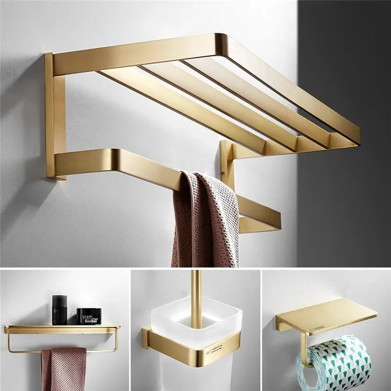 GobekUsa Brushed Gold Bathroom Hardware Set: Towel Rack, Corner Shelf, Paper Holder, Hook, Toilet Brush Holder