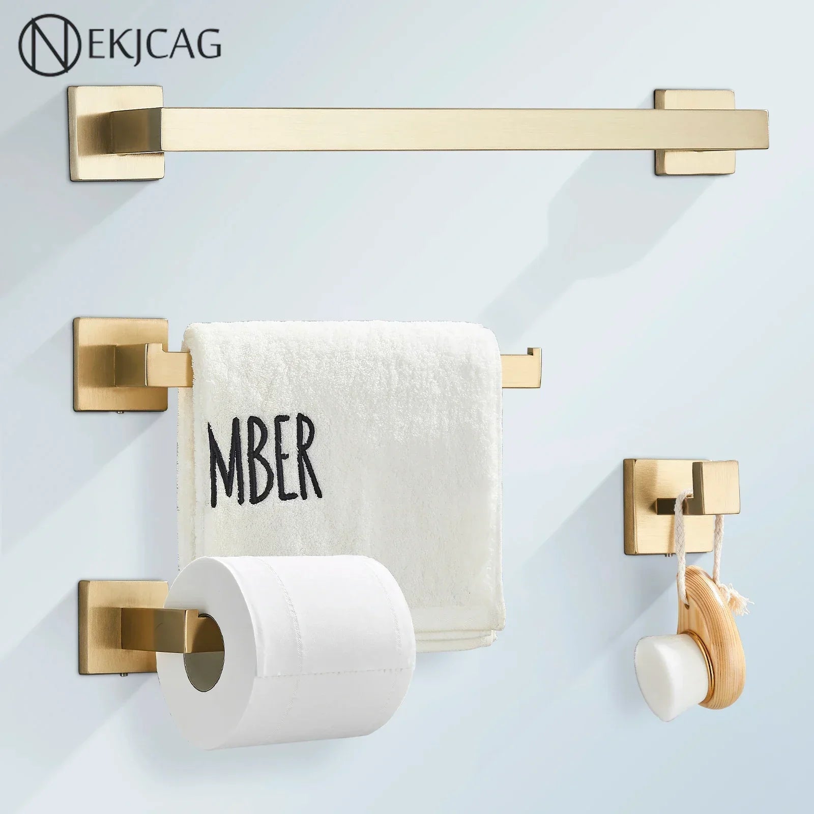 GobekUsa Brushed Gold Bathroom Hardware Set Stainless Steel Towel Bar Robe Hook Toilet Paper Holder