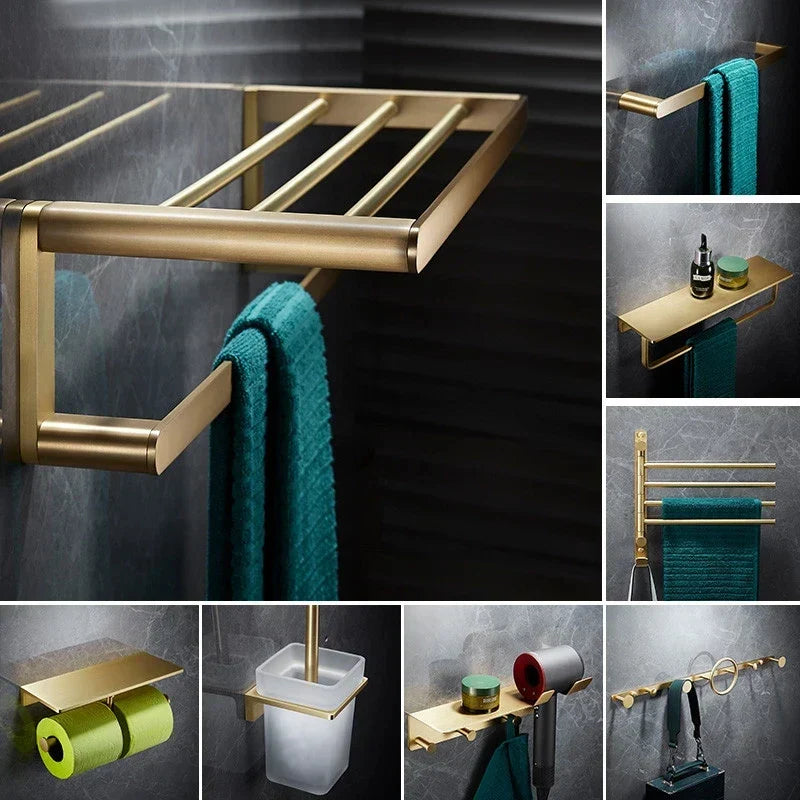 GobekUsa Brass Bath Hardware Set: Shelf, Towel Rack, Paper & Toilet Brush Holder in Brushed Gold