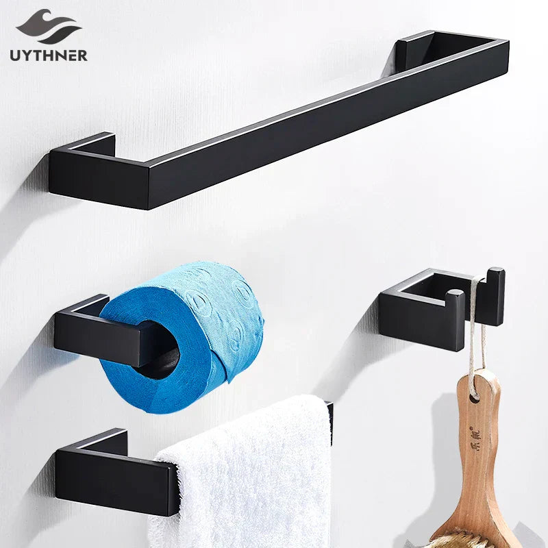 GobekUsa Black Bathroom Hardware Set: Robe Hook, Towel Bar, Shelf, Tissue Holder, Toothbrush Organizer