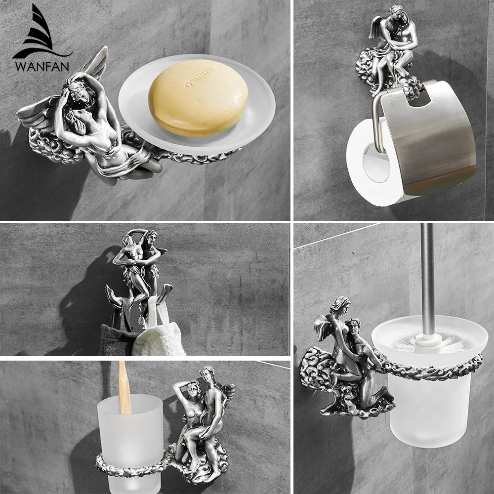 GobekUsa Bathroom Hardware Set: Toilet Paper Holder, Towel Bar, Brush Holder - Mountable Romantic Design