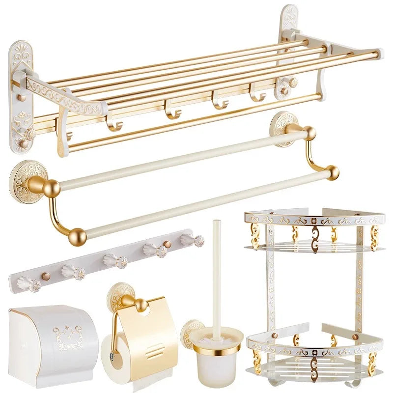 GobekUsa Bath Hardware Set: Shelf, Towel Rack, Holder, Brush Holder, Towel Hanger, Hooks
