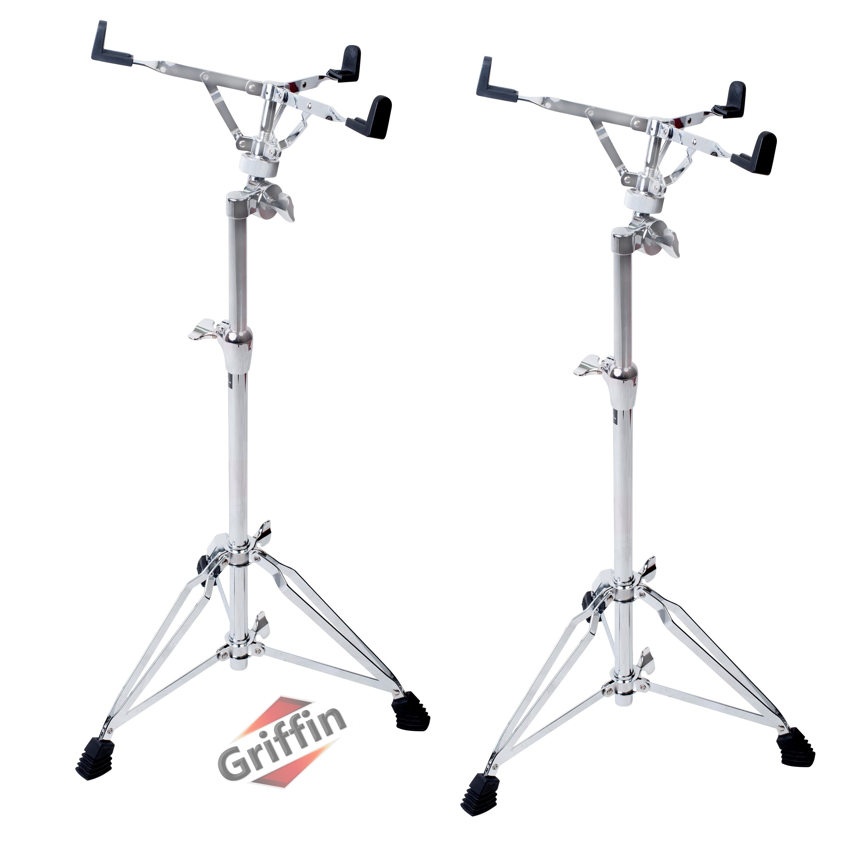 GRIFFIN Concert Stand-Up Snare Drum Stands (2-Pack) - Tall Adjustable Chrome Stand for Practice Pads & Drums - Extended-Height Hardware Mount Holder with Basket Clamp