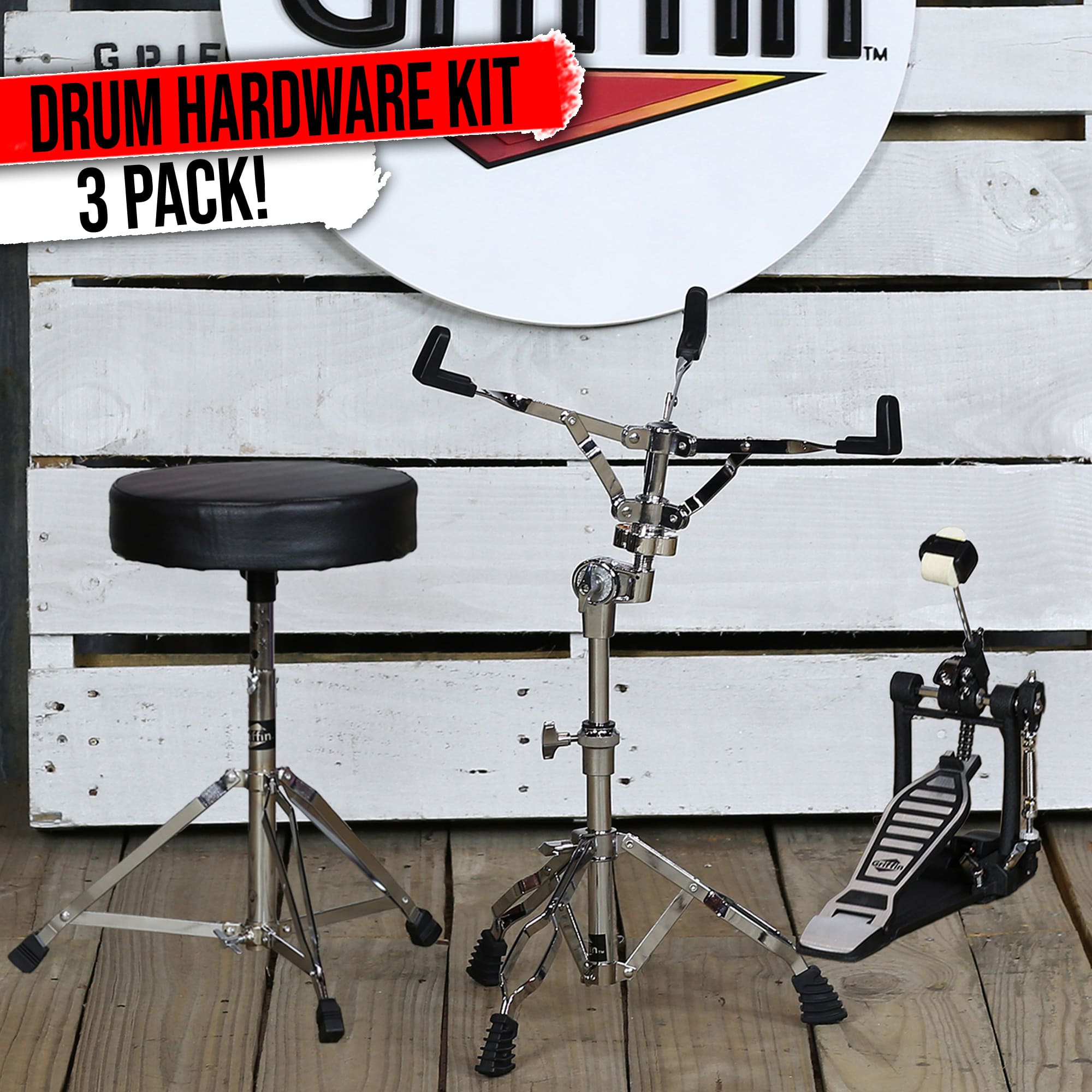 GRIFFIN 3 Pack Set- Single Kick Bass Pedal, Drum Throne & Snare Stand Set by GRIFFIN | Double Chain Foot Percussion Hardware Kit for Intense Play | Comfortable Drum Seat Percussion Chair for Adults