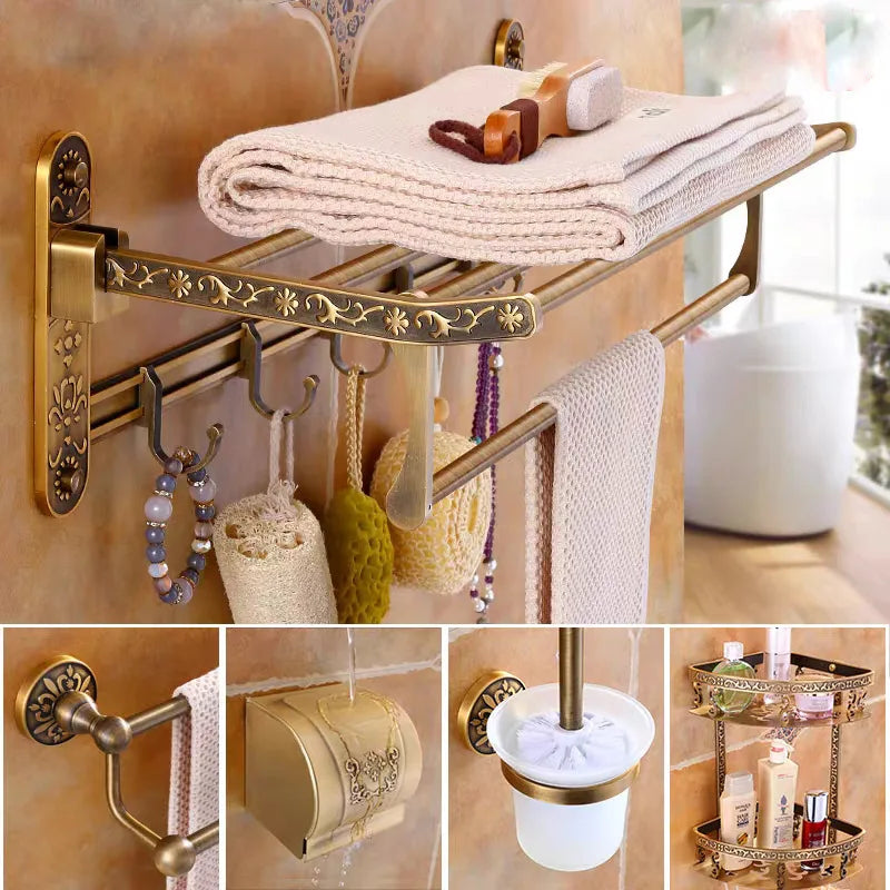 GobekUsa Antique Bathroom Shelf Towel Rack Set with Bath Hardware & Toilet Brush Holder