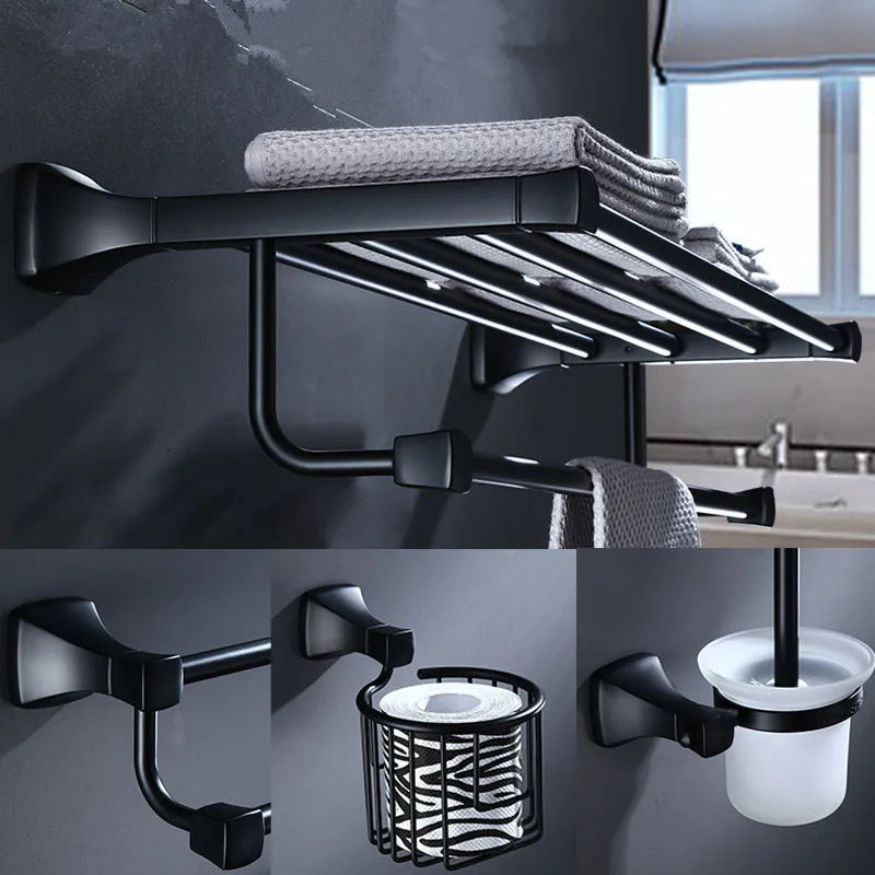 GobekUsa Aluminum Black Bathroom Hardware Set: Towel Holder, Paper Holder, Corner Shelf, Towel Rack, Toilet Brush Holder