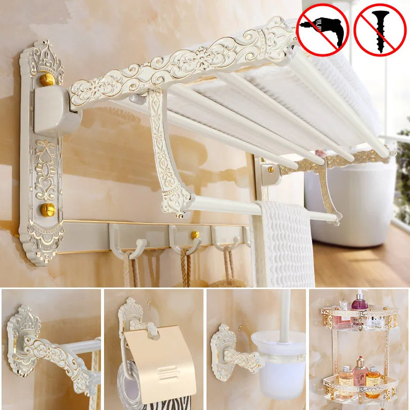 GobekUsa Aluminum Bath Hardware Set: Shelf, Towel Rack, Paper Holder, Brush Holder, Hooks