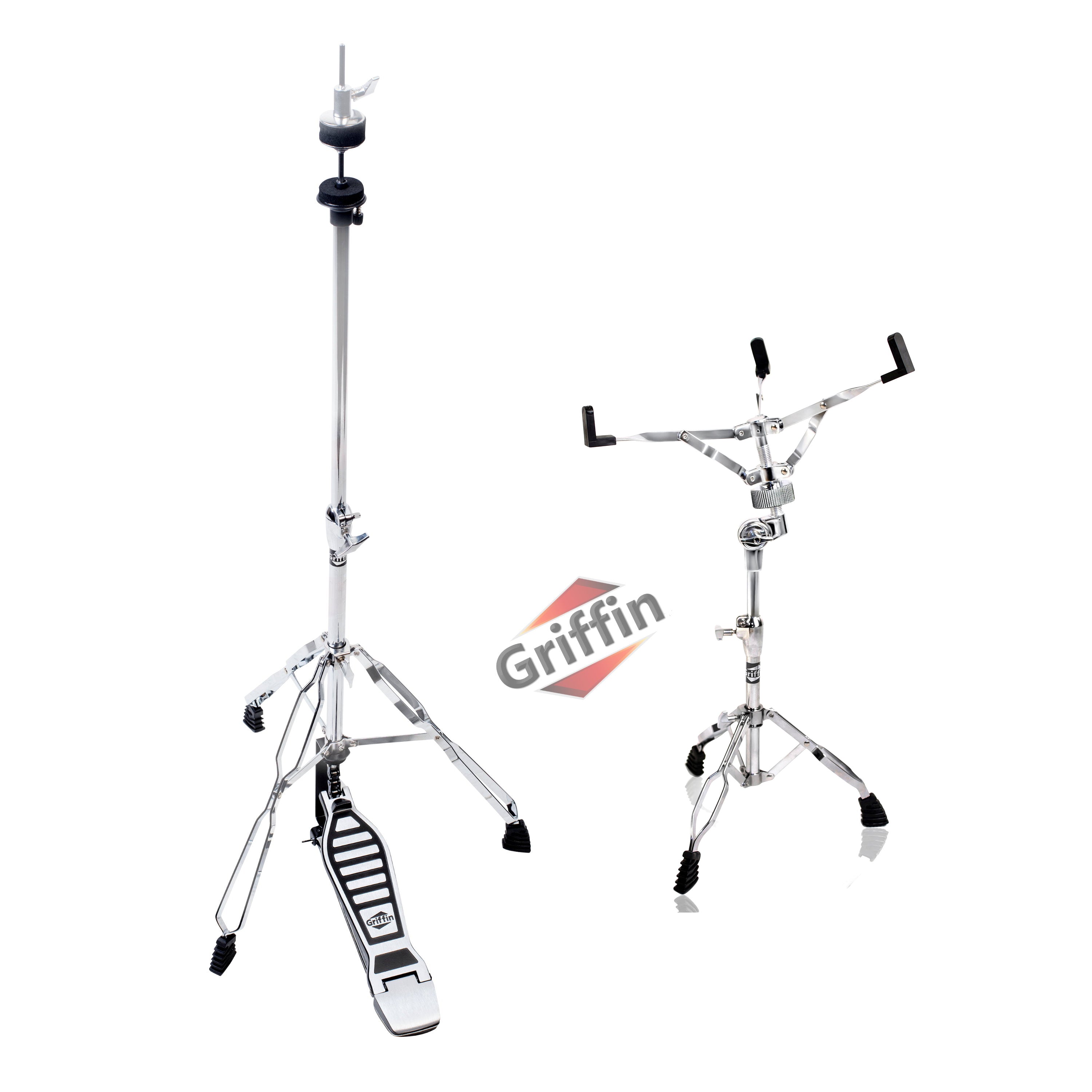 Drum Hardware Set - Hi-Hat Stand & Snare Drum Stand (2-Piece Kit) by GRIFFIN - Hi-Hat Pedal with Pull Chain, Chrome Double-Braced Kit & Mount Basket for Snares, Tom Drums & Practice Pad