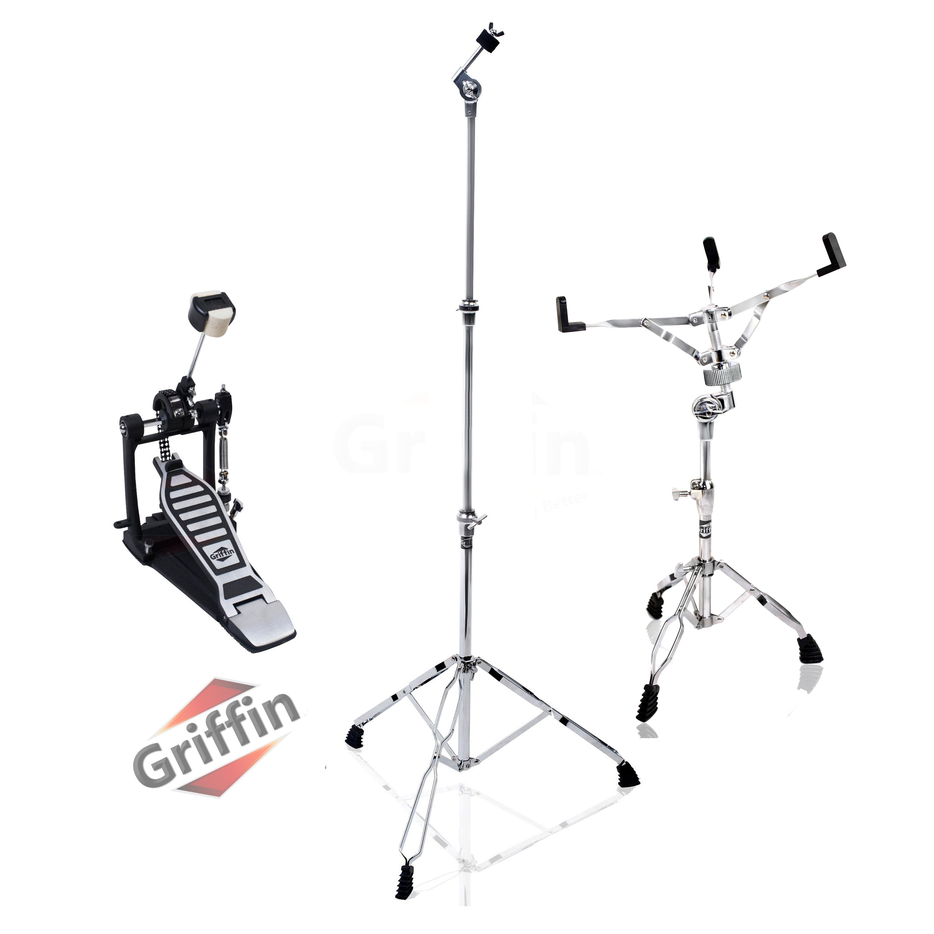 Drum Hardware Kit (3 Piece Set) by GRIFFIN - Kick Drum Pedal, Snare Stand & Straight Cymbal Stand - Deluxe Double-Chain Steel Pedal, Slip-Proof Gear Tilter & Clamp Basket Holder
