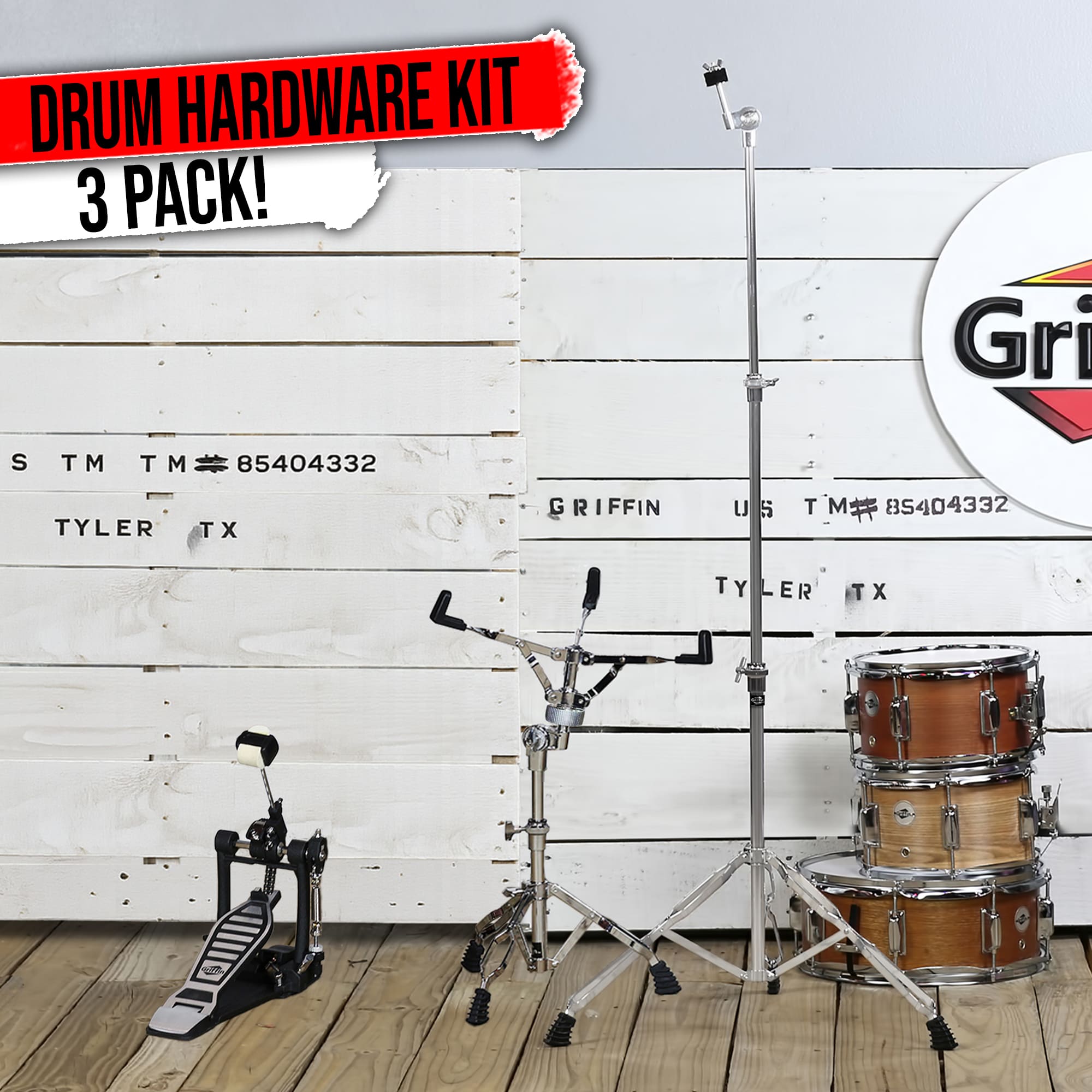 Drum Hardware Set 3 PACK by GRIFFIN - Kick Drum Pedal, Snare Stand & Straight Cymbal Stand | Deluxe Double Chain Full Steel Foot Pedal for Intense Play | Slip-Proof Gear Tilter & Clamp Basket Holder