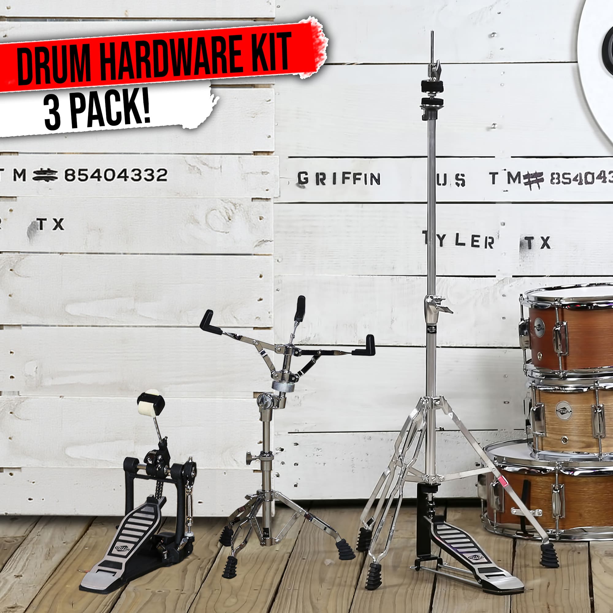 3 PACK - Hi-Hat Stand, Kick Drum Pedal & Snare Stand Hardware Kit by GRIFFIN | Deluxe Full Size Percussion Chrome Hardware Set | Lightweight, Portable & Mobile, Perfect for Drummer Gigs