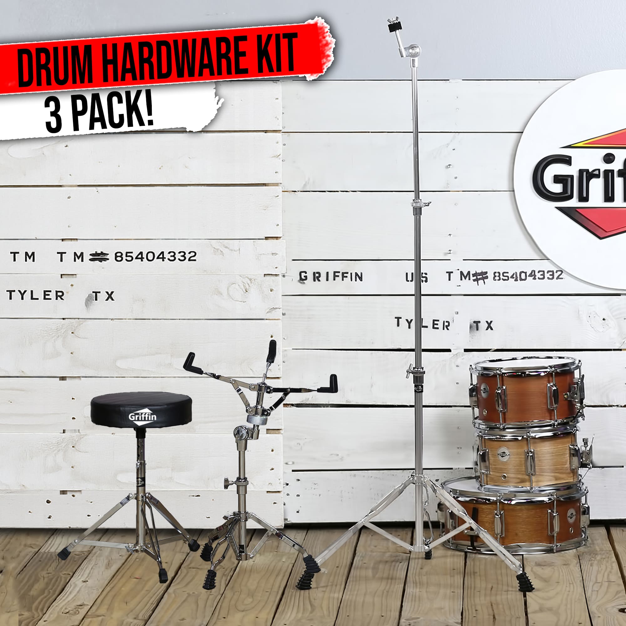 Drummers Throne Seat, Snare Drum Stand & Straight Cymbal Stand Hardware Set 3 PACK by GRIFFIN | Comfortable Percussion Chair for Adults | Light Weight Mount for Standard Drums, Tom-Toms & Practice Pad