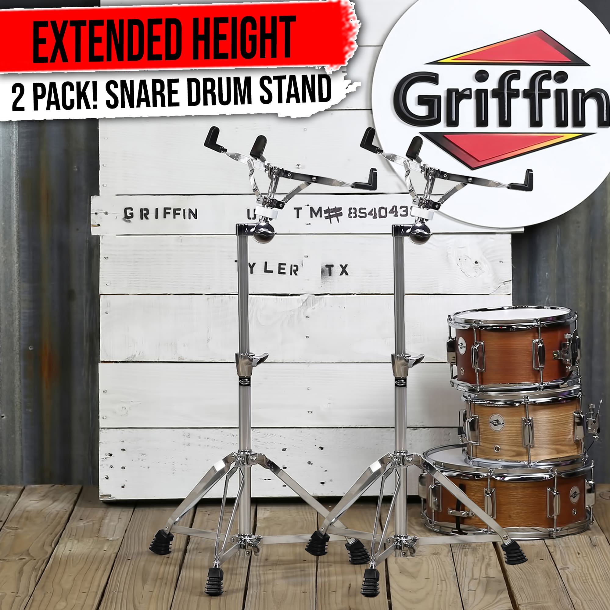 2-PACK- Concert Stand Up Snare Drum Stands by GRIFFIN | Tall Adjustable Chrome Height Stand For Drummers Percussion Practice Pads & Drums | Extended Height Drum Hardware Mount Holder With Basket Clamp